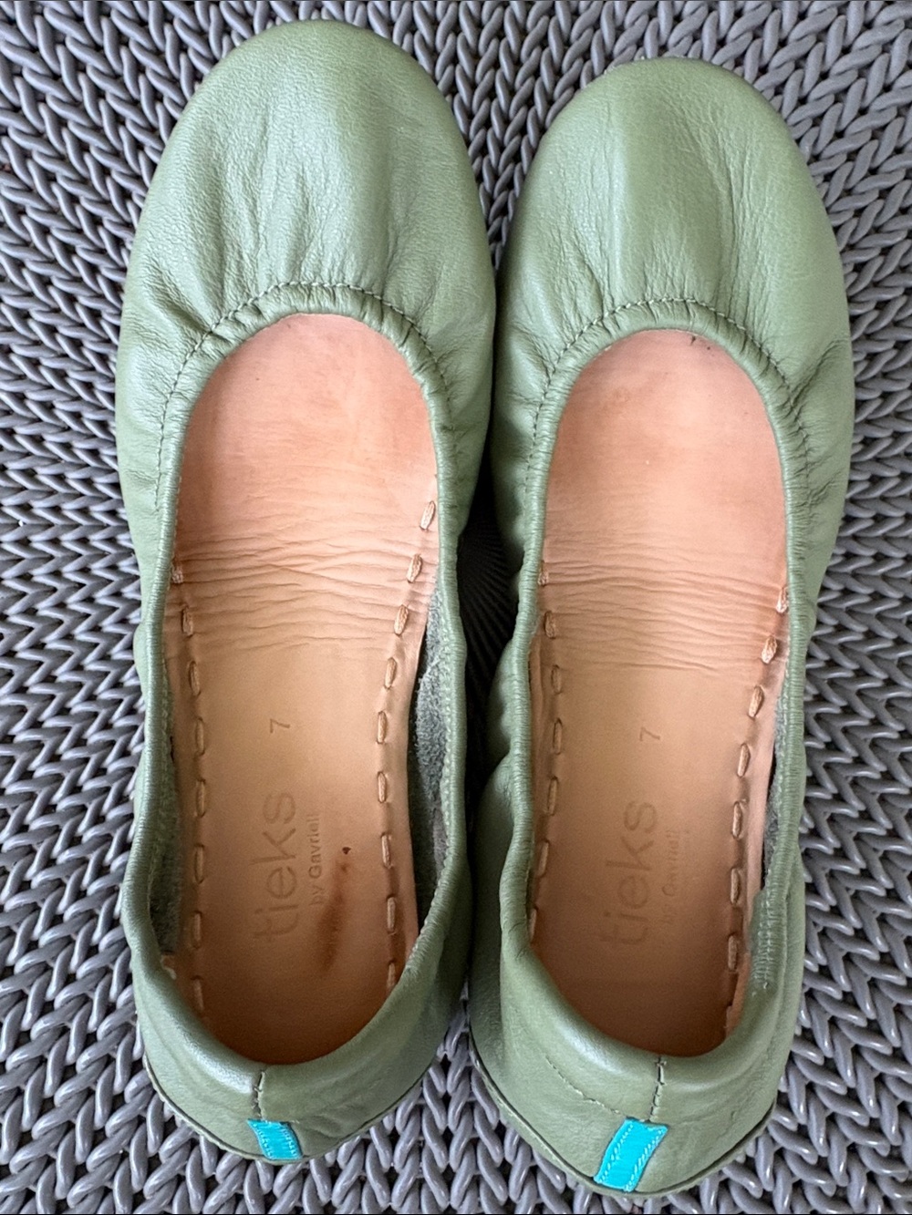 Tieks Olive Green Leather Ballet Flats with Turquoise Soles - Picture 3 of 6